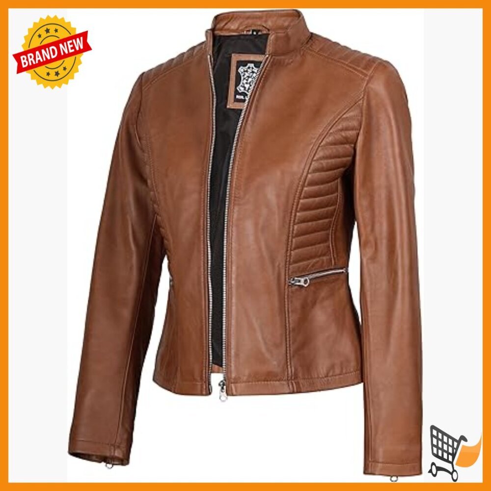 Lambskin Leather Jacket Women Cafe Racer Slim Fit Stand Collar